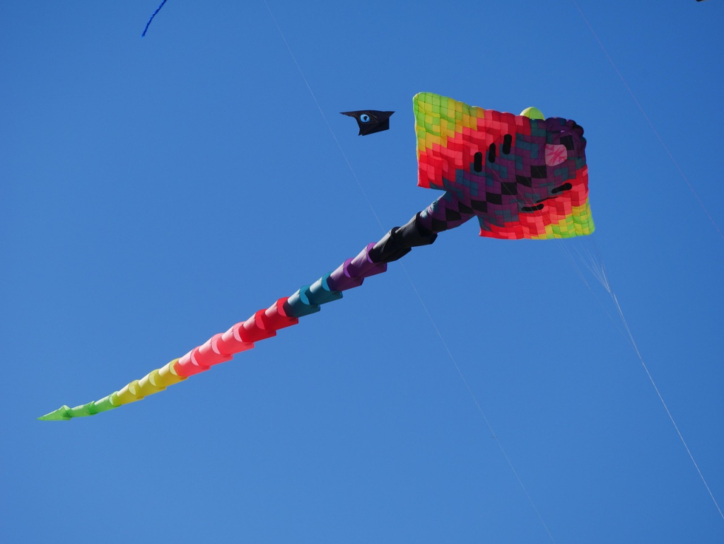 a beautiful kite flying above the vendors